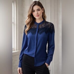 LC Lauren Conrad Western Button Down Blouse Blue Lace Small Shirt Top Cowgirl